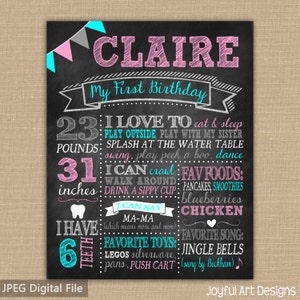 Chalkboard Birthday PRINTABLE sign. Photo Prop. 1st Birthday Party Stats. Boy Girl Birthday Poster. Board. Custom Birthday Party Decor.