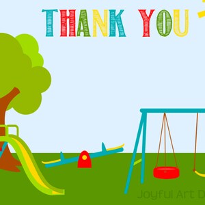 May include: A colorful thank you card with a cartoon illustration of a playground with a tree, a slide, a seesaw, and a swing set. The text "Thank You" is written in colorful letters at the top of the card.