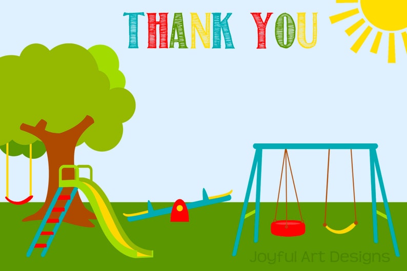 May include: A colorful thank you card with a cartoon illustration of a playground with a tree, a slide, a seesaw, and a swing set. The text "Thank You" is written in colorful letters at the top of the card.