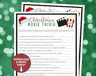 Op de afbeelding: Een printbaar kerstfilm-trivia-spel met een rood-witte kerstmanmuts, een zwart-witte filmklap en een rood-witte popcorn-emmer. Het spel bevat 14 vragen over populaire kerstfilms.
