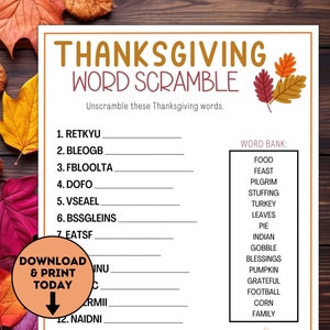 Thanksgiving Word Scramble Game / Fun Thanksgiving Games / Word Scramble / Thanksgiving Printable Games / Friendsgiving Games / School Party