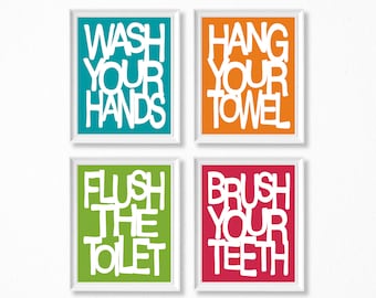 Kids Bathroom Wall Art. Bathroom Rules PRINTABLES. Brush Wash Flush Hang Prints. Bathroom Signs Decor. Set of 4 - 8x10 DIGITAL files.