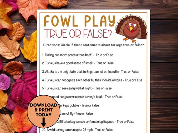 Thanksgiving Trivia Game / Thanksgiving Fowl Play Turkey Game / True or False / Printable Party Games / Friendsgiving Games / Turkey Trivia