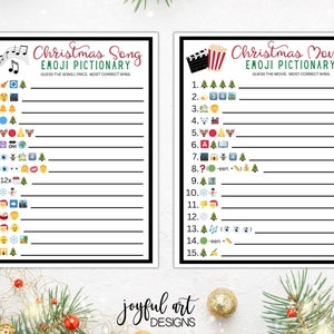 Peut inclure: Un jeu de No&euml;l imprimable avec deux pages. La page de gauche est intitul&eacute;e "Christmas Song Emoji Pictionary" et la page de droite est intitul&eacute;e "Christmas Movie Emoji Pictionary". Chaque page contient une liste de 15 emojis avec des lignes vides pour &eacute;crire les r&eacute;ponses.