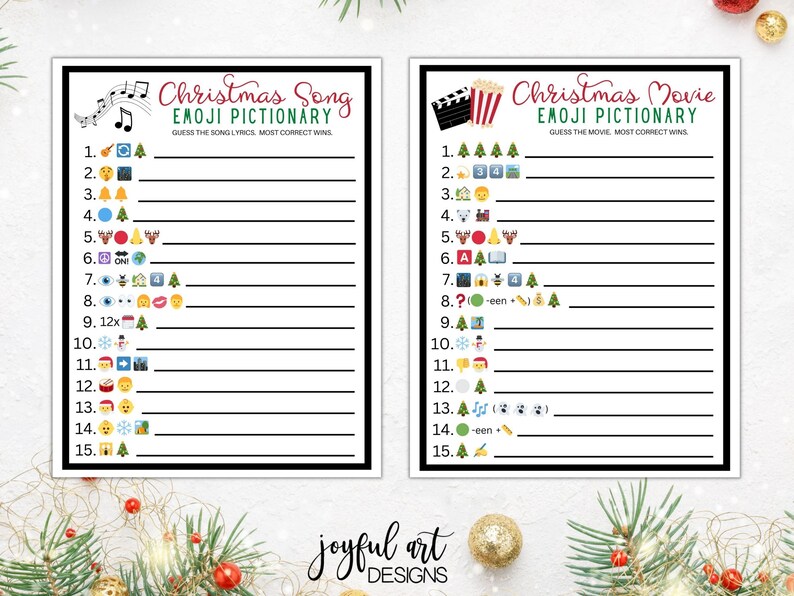 Peut inclure: Un jeu de No&euml;l imprimable avec deux pages. La page de gauche est intitul&eacute;e "Christmas Song Emoji Pictionary" et la page de droite est intitul&eacute;e "Christmas Movie Emoji Pictionary". Chaque page contient une liste de 15 emojis avec des lignes vides pour &eacute;crire les r&eacute;ponses.