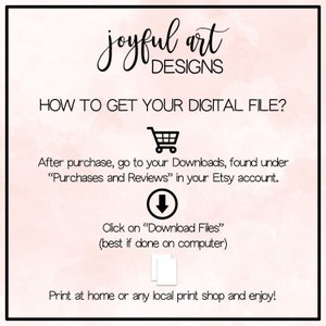 K&ouml;nnte beinhalten: Eine rosa und wei&szlig;e Grafik mit dem Text "joyful art DESIGNS" und Anweisungen zum Herunterladen einer digitalen Datei nach dem Kauf bei Etsy. Die Grafik enth&auml;lt ein Einkaufswagen-Symbol, einen Abw&auml;rtspfeil und zwei Blatt Papier.
