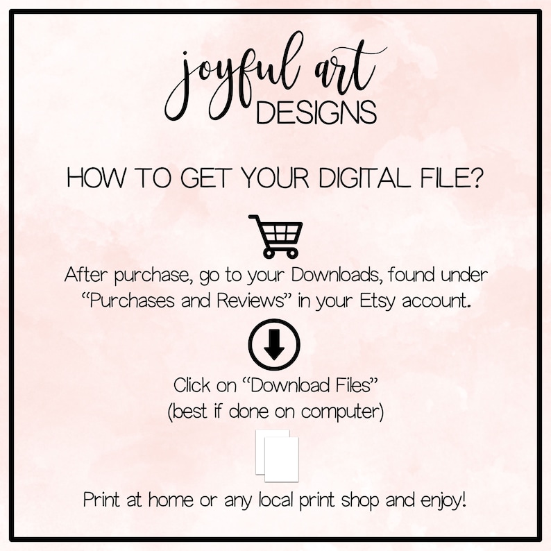 K&ouml;nnte beinhalten: Eine rosa und wei&szlig;e Grafik mit dem Text "joyful art DESIGNS" und Anweisungen zum Herunterladen einer digitalen Datei nach dem Kauf bei Etsy. Die Grafik enth&auml;lt ein Einkaufswagen-Symbol, einen Abw&auml;rtspfeil und zwei Blatt Papier.