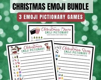 Puede incluir: Tres tarjetas de juego de emoji de Navidad imprimibles. Cada tarjeta tiene un título: "Christmas Movie Emoji Pictionary", "Christmas Emoji Pictionary" y "Christmas Song Emoji Pictionary". Cada tarjeta tiene una lista de emojis y líneas en blanco para escribir las respuestas.