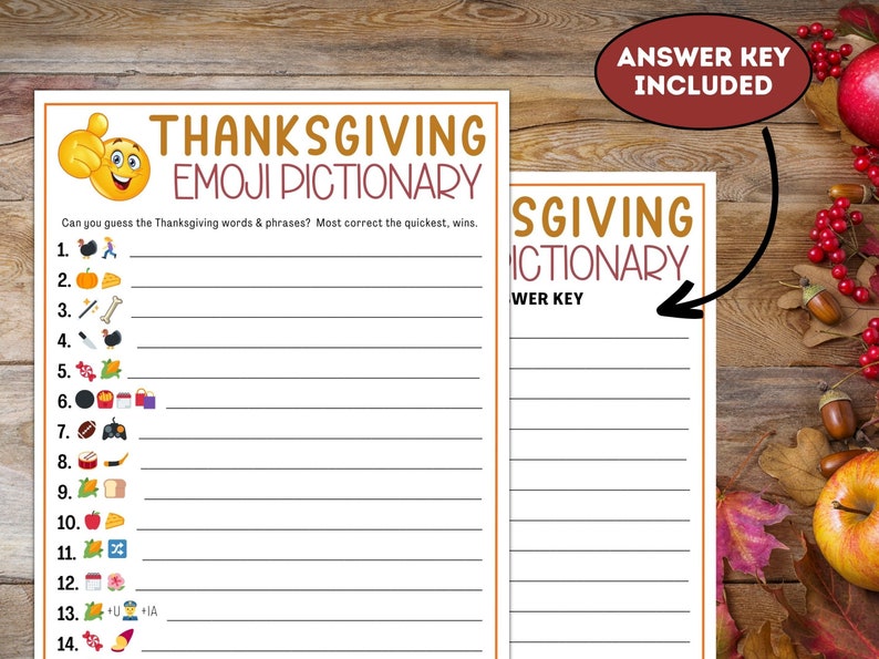 May include: A printable Thanksgiving Emoji Pictionary game with 14 emoji clues and a separate answer key. The game is perfect for a Thanksgiving party or family gathering.