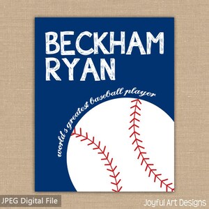 May include: A blue and white baseball themed printable art print with the text "Beckham Ryan" and "World's greatest baseball player".