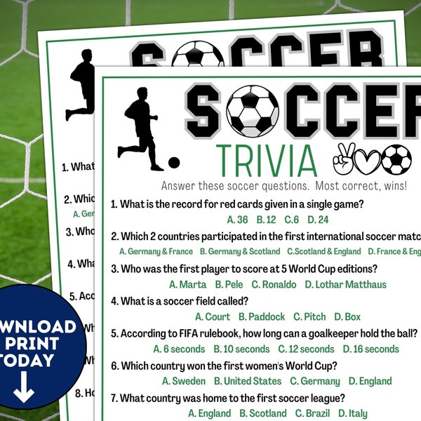 Soccer Trivia Quiz / Printable Soccer Team Party Games / Soccer Games for Kids & Adults / World Cup Activities / Birthday Games