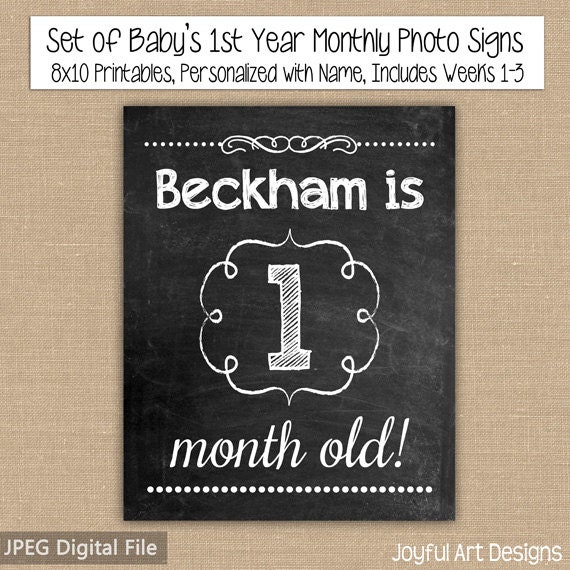 Set of Monthly Baby Photo Prop PRINTABLE Signs. Personalized Baby's First Year Monthly Chalkboard signs. 8x10 Jpeg DIGITAL files.
