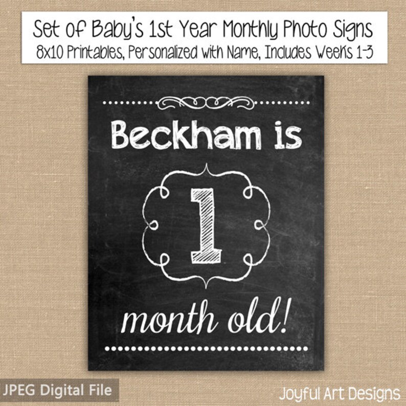 May include: A black chalkboard-style sign with white text that reads "Beckham is 1 month old!" The sign is part of a set of baby's first-year monthly photo signs, personalized with a name. The sign is a JPEG digital file.