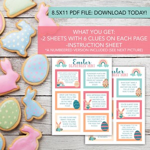 May include: Two printable sheets of an Easter scavenger hunt game. Each sheet has six colorful clues with bunny illustrations. The game includes instructions and a numbered version. The text on the sheets reads "Easter Scavenger Hunt".