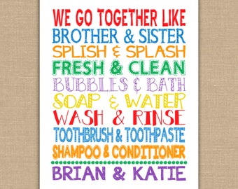 We Go Together Like Brother and Sister Bathroom sign. Custom Names on Kids Bathroom Wall Art. Jack and Jill Bathroom Decor. DIGITAL file