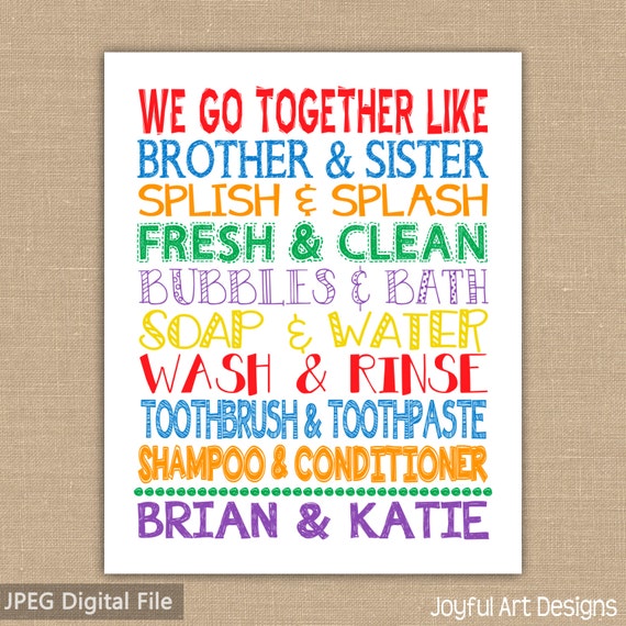 We Go Together Like Brother and Sister Bathroom sign. Custom Names on Kids Bathroom Wall Art. Jack and Jill Bathroom Decor. DIGITAL file