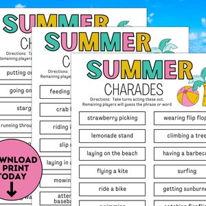 Summer Charades Game / Summer Party Game / Printable Summertime Game / Summer Activities for Kids & Adults / Beach Game / Pool Party