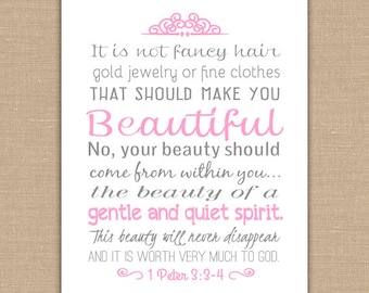 1 Peter 3:3-4 Scripture Verse PRINTABLE sign / Christian Printable on Inner Beauty / Bible Verse about Beauty / Sunday School Printable