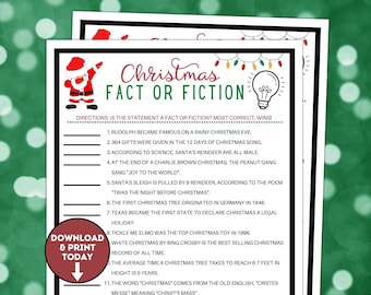 May include: A printable Christmas Fact or Fiction game with a red and white Santa Claus illustration. The game includes 11 questions about Christmas traditions and trivia.  Download and print today.