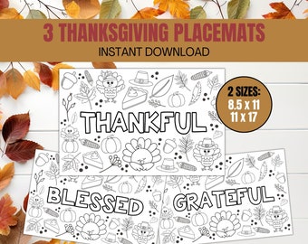 Printable Thanksgiving Placemats, 8.5x11 and 11x17, THREE Kid's Thanksgiving Placemat, Thanksgiving Activities for Kids, Coloring