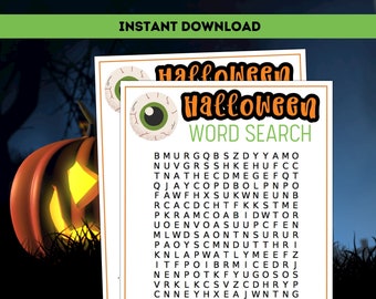 May include: A printable Halloween word search puzzle with an eye graphic. The puzzle features the words "Halloween", "Boo", "Ghost", "Witch", "Vampire", "Frankenstein", "Mummy", "Zombie", "Skeleton", "Spider", "Bat", "Pumpkin", "Candy", "Treat", "Trick", "Costume", "Party", "Haunted", "Scary", "Creepy", "Spooky", "October", "Autumn", and "Holiday".