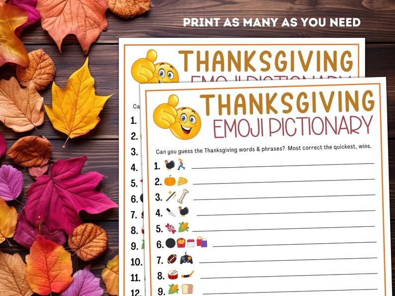 May include: A printable Thanksgiving Emoji Pictionary game with a yellow thumbs up emoji and the text "THANKSGIVING EMOJI DICTIONARY". The game includes 12 lines with numbers 1 through 12 and a space for players to write their answers. Each line has a number and an emoji representing a Thanksgiving word or phrase.