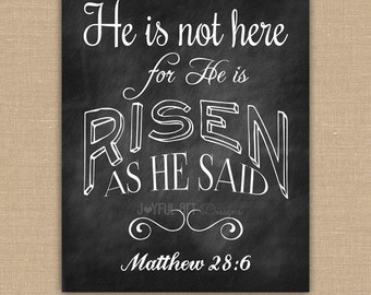 Hij is verrezen Pasen AFDRUKBAAR. Hij is niet hier Matthew 28:6 schrift Wall Art. Krijtbord teken. DIGITAAL bestand.