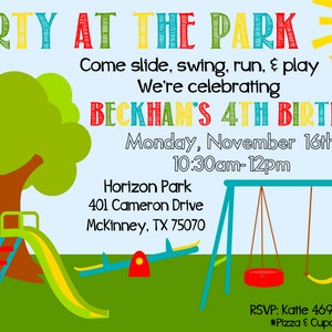 May include: A colorful invitation for a child's birthday party at the park. The invitation features a cartoon sun, a tree with a swing set, a slide, and a seesaw. The text reads "Party at the Park" and "Beckham's 4th Birthday". The party is scheduled for Monday, November 16th from 10:30am to 12pm at Horizon Park, 401 Cameron Drive, Mckinney, TX 75070. The RSVP information is "Katie 469-321-8765" and "Pizza & Cupcakes".