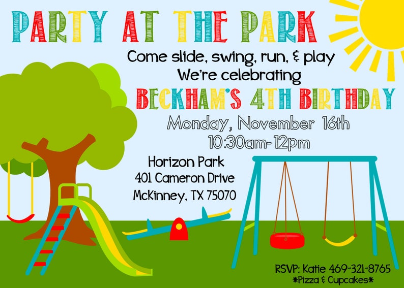 May include: A colorful invitation for a child's birthday party at the park. The invitation features a cartoon sun, a tree with a swing set, a slide, and a seesaw. The text reads "Party at the Park" and "Beckham's 4th Birthday". The party is scheduled for Monday, November 16th from 10:30am to 12pm at Horizon Park, 401 Cameron Drive, Mckinney, TX 75070. The RSVP information is "Katie 469-321-8765" and "Pizza & Cupcakes".