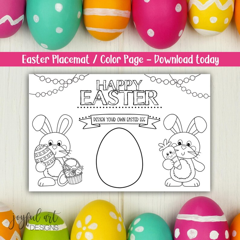 May include: A black and white printable Easter placemat with the text "Happy Easter" and two bunnies. One bunny is holding an Easter egg and the other is holding a carrot. There is a large circle in the middle of the placemat for coloring.