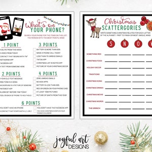 Peut inclure: Un jeu de f&ecirc;te de No&euml;l imprimable en deux pages. La premi&egrave;re page est un jeu "What's on Your Phone?" avec une liste d'&eacute;l&eacute;ments &agrave; trouver sur un t&eacute;l&eacute;phone. La deuxi&egrave;me page est un jeu "Christmas Scattergories" avec une liste de cat&eacute;gories li&eacute;es &agrave; No&euml;l. Les deux pages pr&eacute;sentent un th&egrave;me de No&euml;l festif avec des couleurs rouges et vertes.