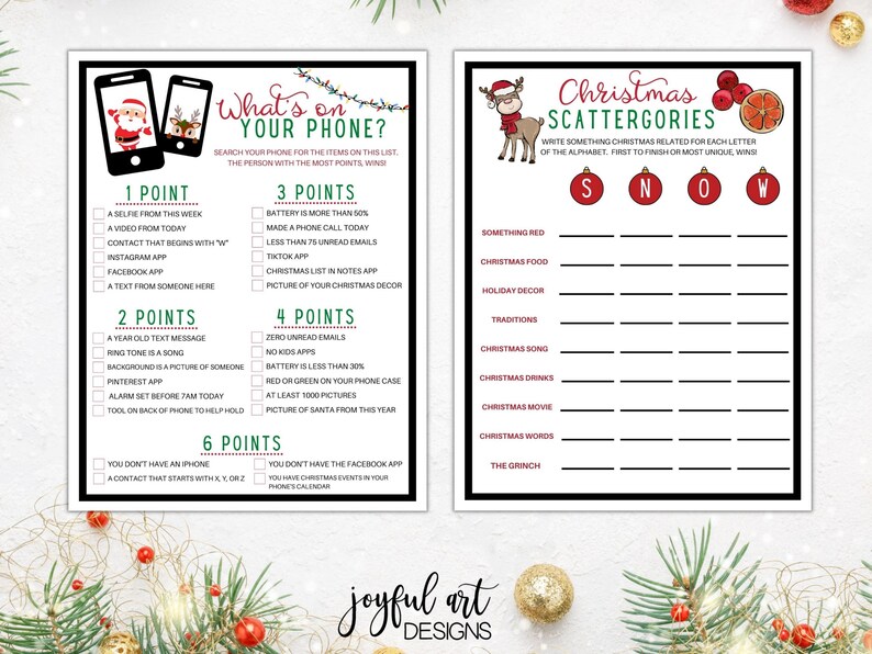 Peut inclure: Un jeu de f&ecirc;te de No&euml;l imprimable en deux pages. La premi&egrave;re page est un jeu "What's on Your Phone?" avec une liste d'&eacute;l&eacute;ments &agrave; trouver sur un t&eacute;l&eacute;phone. La deuxi&egrave;me page est un jeu "Christmas Scattergories" avec une liste de cat&eacute;gories li&eacute;es &agrave; No&euml;l. Les deux pages pr&eacute;sentent un th&egrave;me de No&euml;l festif avec des couleurs rouges et vertes.