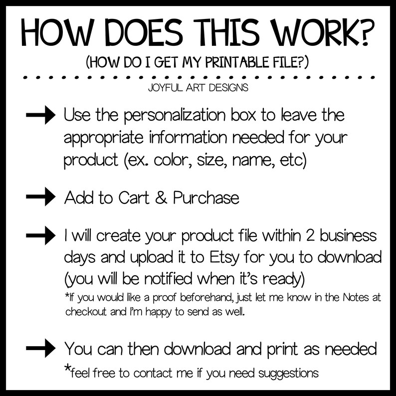 May include: A graphic with four arrows pointing to the right, explaining how to get a printable file. The text reads: "HOW DOES THIS WORK? (HOW DO I GET MY PRINTABLE FILE?) JOYFUL ART DESIGNS Use the personalization box to leave the appropriate information needed for your product (ex. color, size, name, etc) Add to Cart & Purchase I will create your product file within 2 business days and upload it to Etsy for you to download (you will be notified when it's ready) *If you would like a proof beforehand, just let me know in the Notes at checkout and I'm happy to send as well. You can then download and print as needed *feel free to contact me if you need suggestions"