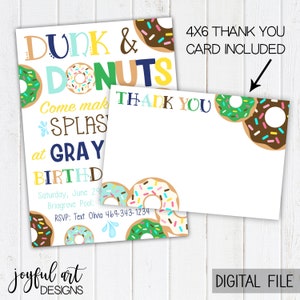 Dunk and Donuts Birthday Invitation. Donut Party Invitations. Donut Boy Birthday. Donut Party Supplies. Printable Invitations & Thank You image 2
