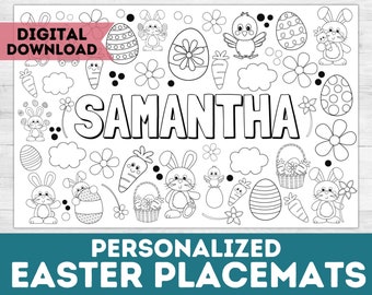 May include: A black and white printable coloring page featuring the name SAMANTHA in large capital letters surrounded by Easter-themed illustrations including bunnies, decorated eggs, carrots, chicks, flowers, and baskets with clouds.