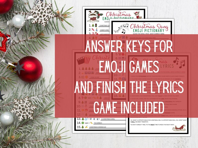 Peut inclure: Cl&eacute;s de r&eacute;ponse pour les jeux de No&euml;l avec emojis et un jeu pour compl&eacute;ter les paroles des chansons. Les jeux pr&eacute;sentent des emojis et des paroles de chansons sur le th&egrave;me de No&euml;l.