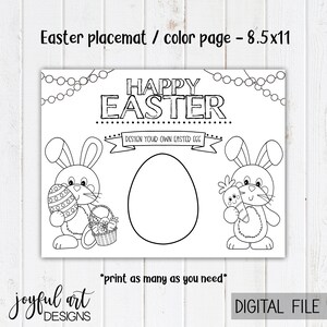 May include: Black and white printable Easter placemat featuring a bunny holding an egg, a bunny holding a carrot, and a large egg for coloring. The text "Happy Easter" and "Design your own Easter egg" is included.