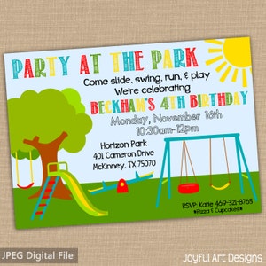 May include: A colorful invitation for a child's birthday party at the park. The invitation features a green tree, a blue slide, a red seesaw, and a blue swing set. The text reads "Party at the Park" and "Beckham's 4th Birthday". The party is on Monday, November 16th from 10:30am to 12pm at Horizon Park, 401 Cameron Drive, McKinney, TX 75070. RSVP to Katie at 469-321-8765. The invitation also mentions pizza and cupcakes.