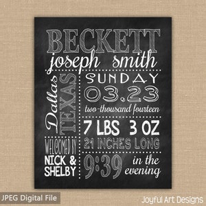 May include: Black and white chalkboard style birth announcement for Beckett Joseph Smith. Born on Sunday, March 23, 2014 in Dallas, Texas. He weighed 7 pounds 3 ounces and was 21 inches long. Welcomed by Nick & Shelby at 9:39 in the evening.
