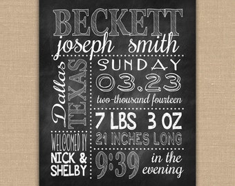 Chalkboard Birth Statistic PRINTABLE Wall Art.  Personalized Baby Stats. Nursery Decor. Baby Shower Gift. Customized DIGITAL Art.