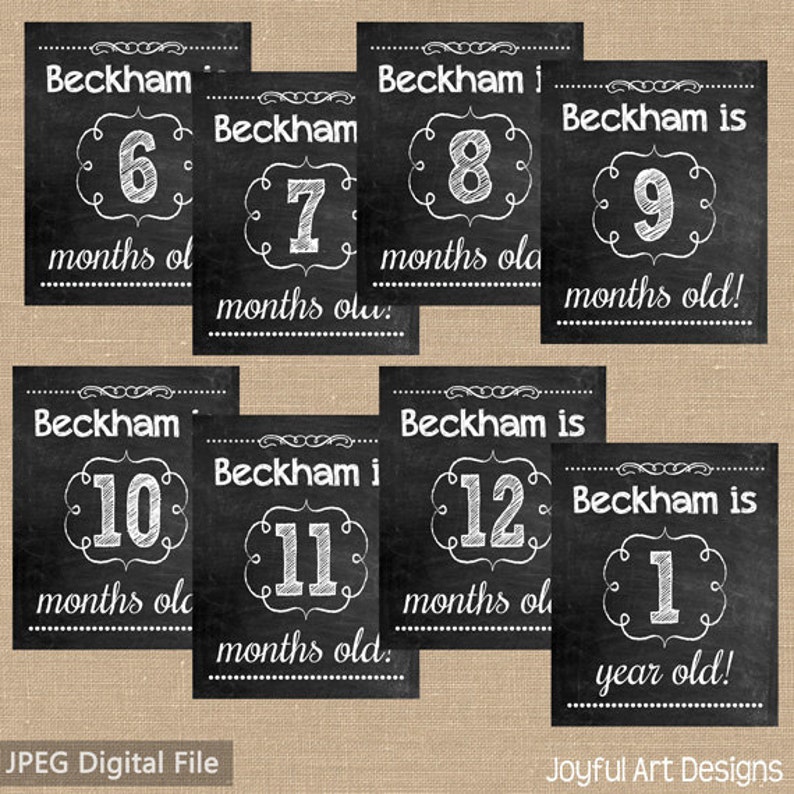 May include: A collection of black chalkboard-style milestone cards with white text. Each card displays the name "Beckham" and a number indicating the age in months or years. The cards are designed for baby photos.