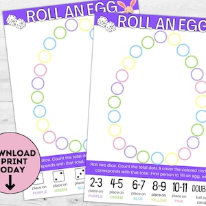 Puede incluir: Tablero de juego imprimible para un juego de "Roll an Egg". El tablero presenta un círculo de huevos coloridos con los números 2-3, 4-5, 6-7, 8-9, 10-11 y Dobles. El juego incluye instrucciones para tirar dos dados y cubrir el huevo correspondiente.