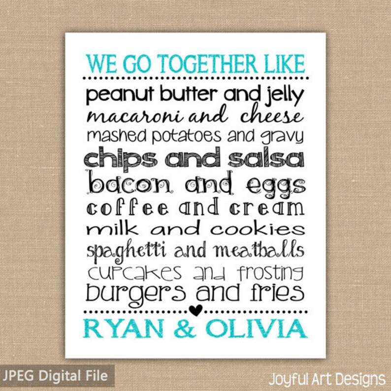 We Go Together Like Custom PRINTABLE. Wedding Gift. Kitchen - Etsy