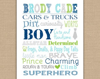 May include: A blue, green and grey printable art print with the text "Brody Cade Cars & Trucks Dirt curiosity WORMS BOY Cute and Handsome ALLSTAR Determined Frogs, Snails, & Puppy Dog Tails little man BRAVE Prince Charming ROUGH & TOUGH Climb SUPERHERO".