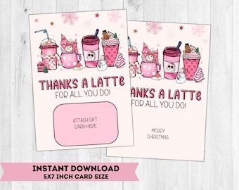 Thanks a Latte Holiday Coffee Gift Card Holder Printable / Coffee Gift Card for Women / Thanks a Latte Printable / Pink Coffee Gift Card