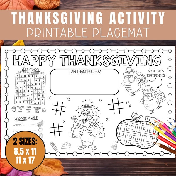 Fall Thanksgiving Placemat for Kids Table Decor Thanksgiving Coloring Placemat Thanksgiving Activities for Kids Sunday School Activity Games