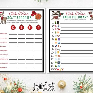Peut inclure: Deux cartes de jeu de No&euml;l imprimables. La premi&egrave;re carte est un jeu de Scattergories de No&euml;l avec les lettres G, I, F et T. La deuxi&egrave;me carte est un jeu de Pictionary Emoji de No&euml;l avec 15 emojis et des lignes pour &eacute;crire les r&eacute;ponses.