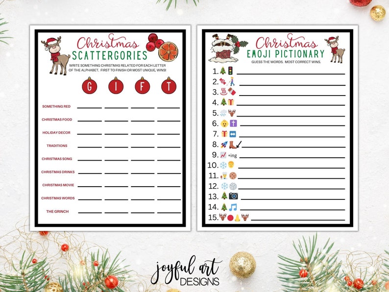 Peut inclure: Deux cartes de jeu de No&euml;l imprimables. La premi&egrave;re carte est un jeu de Scattergories de No&euml;l avec les lettres G, I, F et T. La deuxi&egrave;me carte est un jeu de Pictionary Emoji de No&euml;l avec 15 emojis et des lignes pour &eacute;crire les r&eacute;ponses.