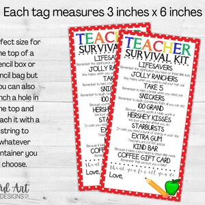 K&ouml;nnte beinhalten: Zwei Karten mit roten und wei&szlig;en Punkten mit dem Text "Teacher Survival Kit" und einer Liste mit S&uuml;&szlig;igkeiten und Leckereien. Die Karten sind 7,6 cm x 15,2 cm gro&szlig; und eignen sich perfekt zum Anbringen an einer Bleistiftbox oder -tasche.