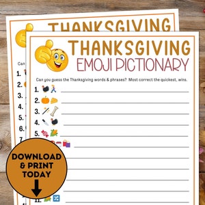 Thanksgiving Emoji Pictionary Game / Thanksgiving Printable Games / Thanksgiving Trivia / Party Games / Friendsgiving / Games for Teens
